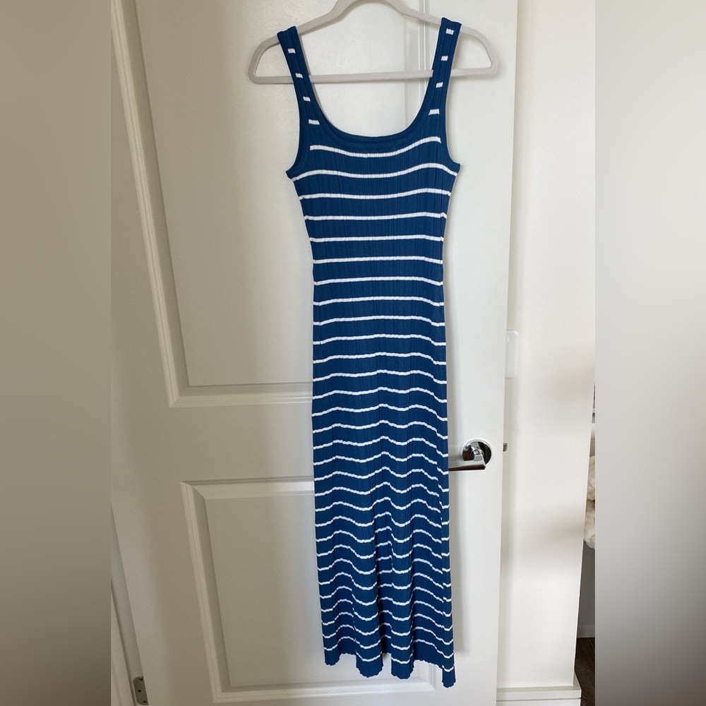 NWT Sleeveless Blue & White Striped Tank Dress Maxi Square Neck Ribbed Knit - Picture 12 of 15